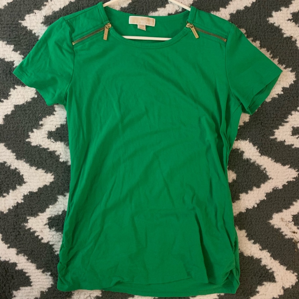 Green Michael Kors shirt with gold zippers
